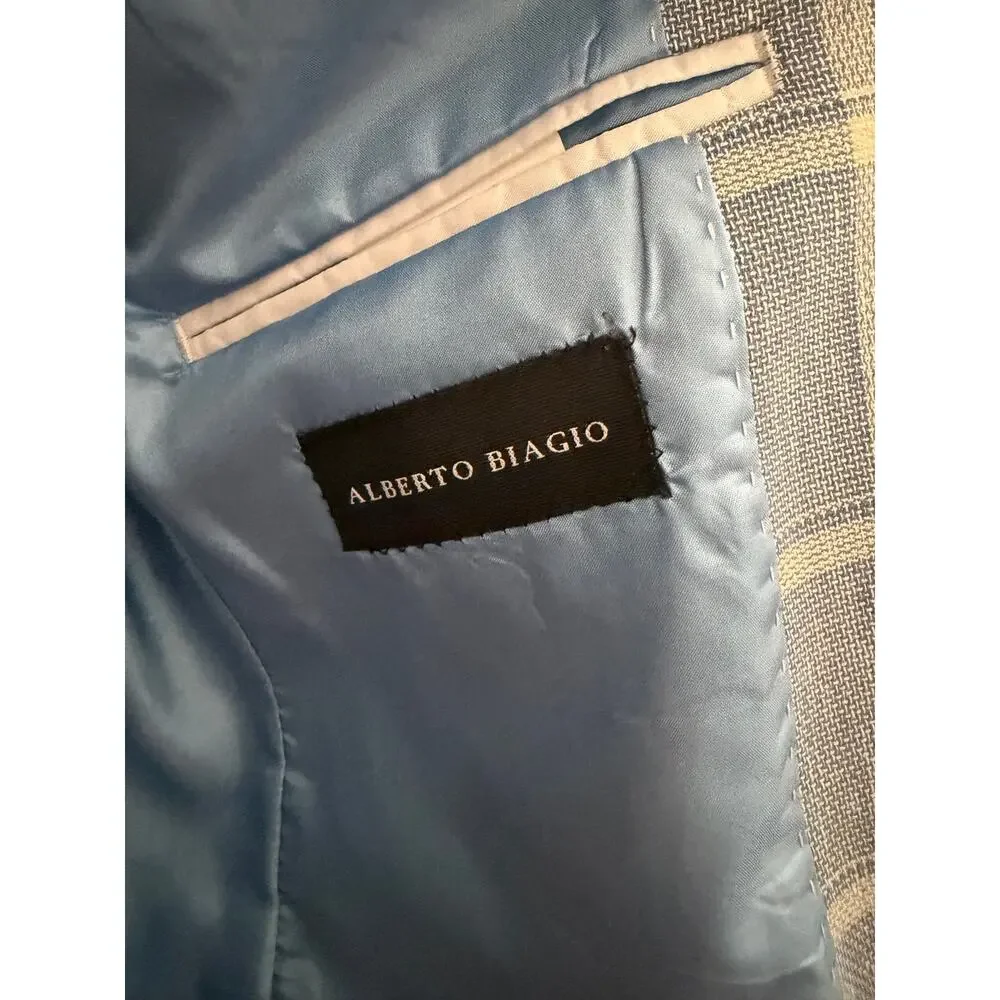 New Alberto biagio blue linen windowpane blazer jacket 38 S